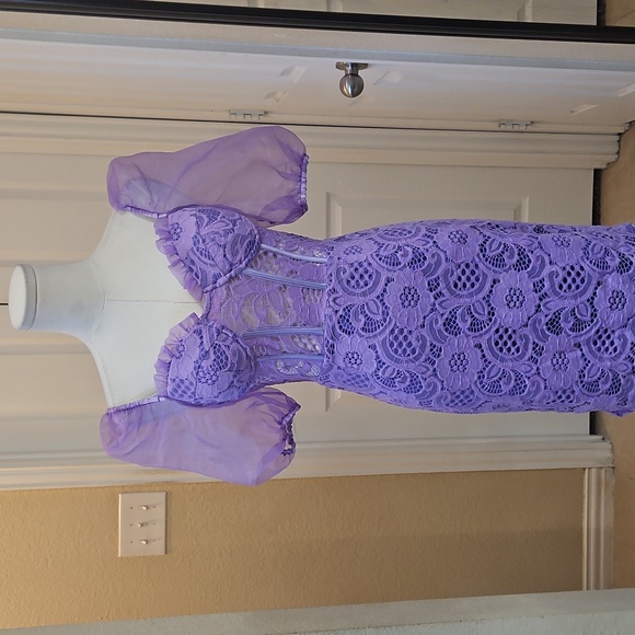 Purple Lace Sheer Corset Bodycon Mini Dress with Puff Sheer Short Sleeves - Picture 3 of 9